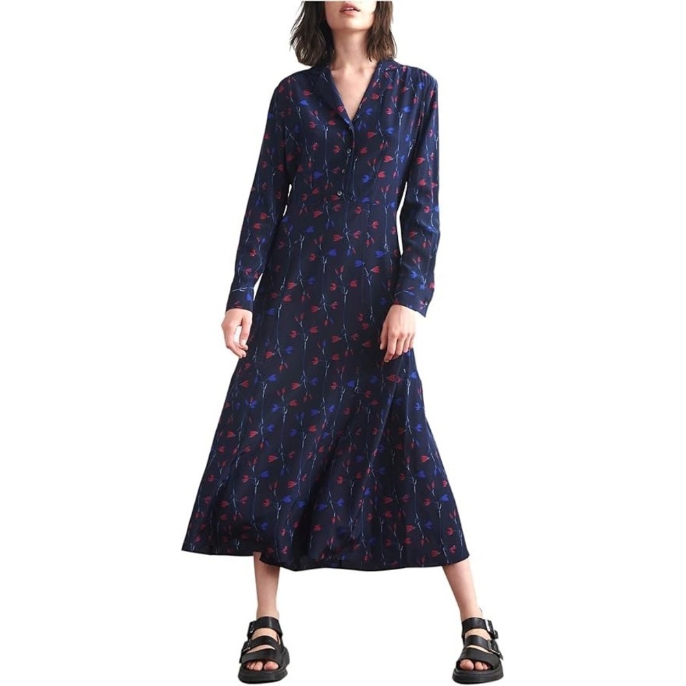 Thakoon NEW Silk Tulip‎ Print Long Sleeve Shirt Maxi Dress Navy Size 4 MSRP $225